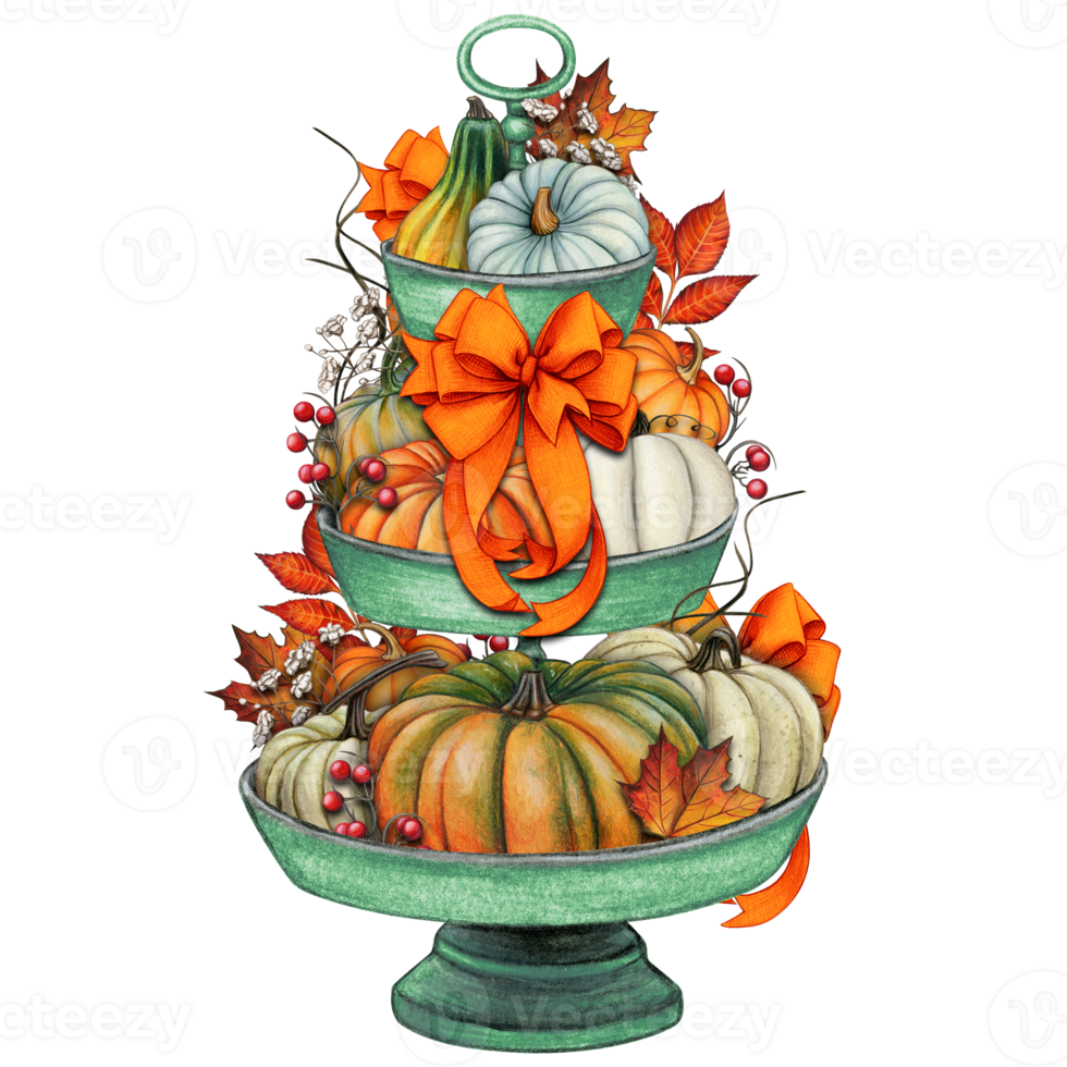 Watercolor hand drawn fall decorated tiered tray png