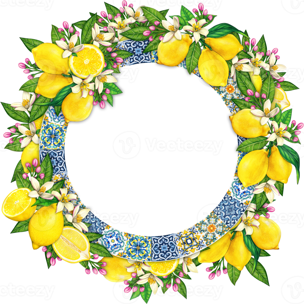 Watercolor mediterranean frame with lemons and traditional tiles png