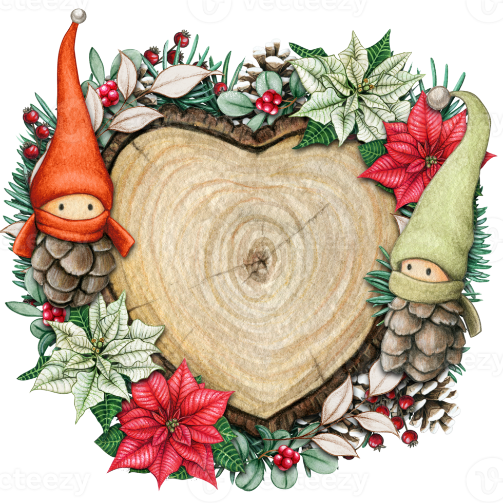 watercolor hand drawn wooden heart slice with elves, pinecones and pine branches png