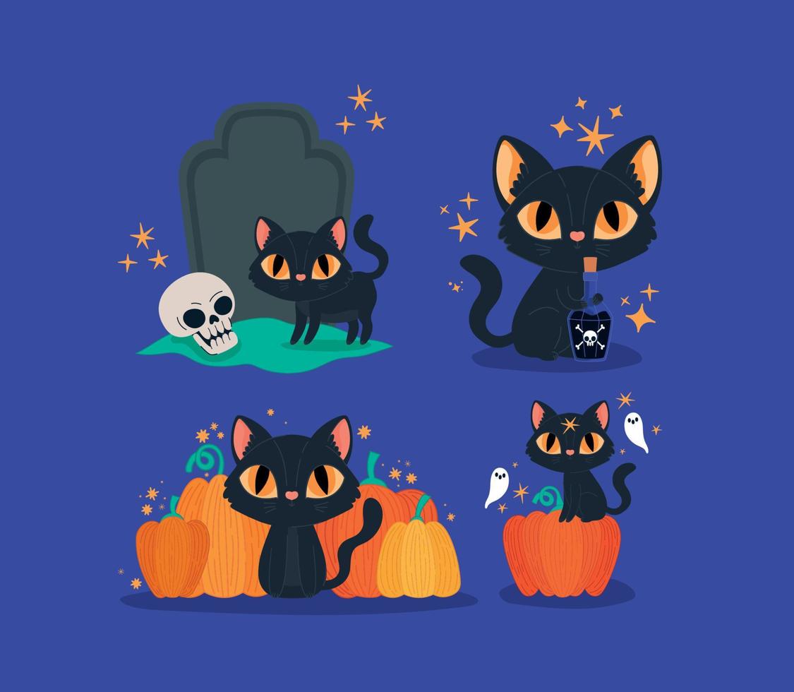 halloween cats set vector