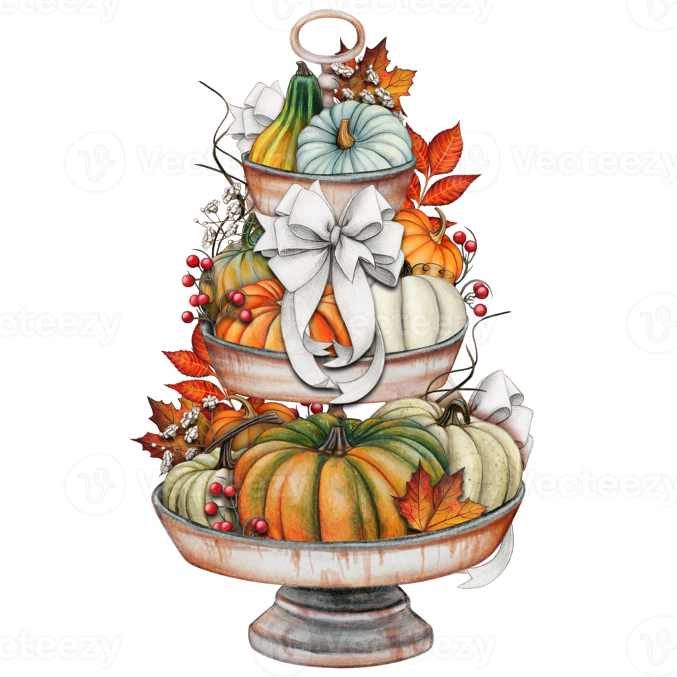 Watercolor hand drawn fall decorated tiered tray png