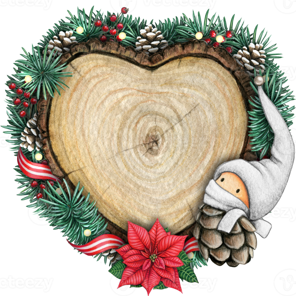 watercolor hand drawn wooden heart slice with elves, pinecones and pine branches png