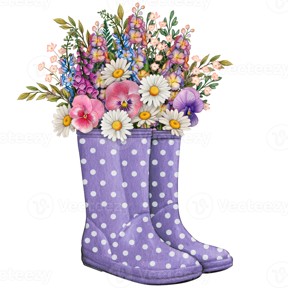 watercolor rubber boots with floral bouquet png
