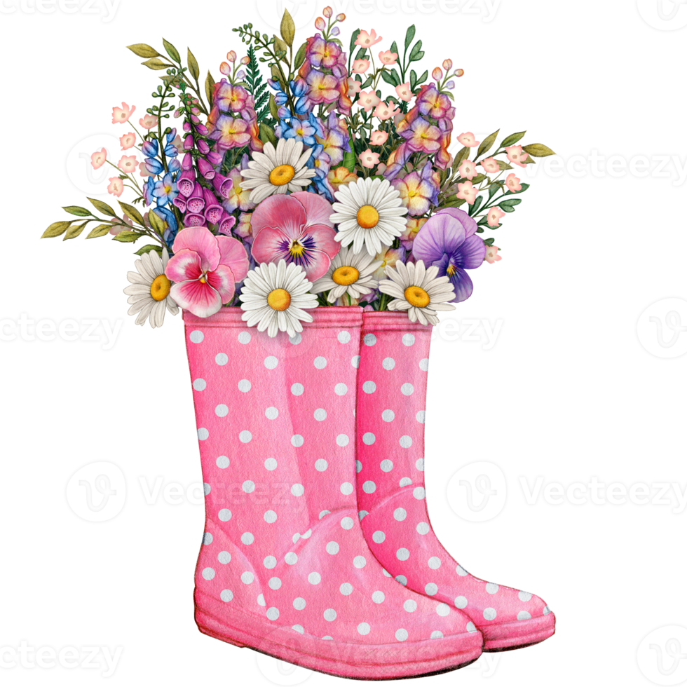 acuarela caucho botas con floral ramo de flores png