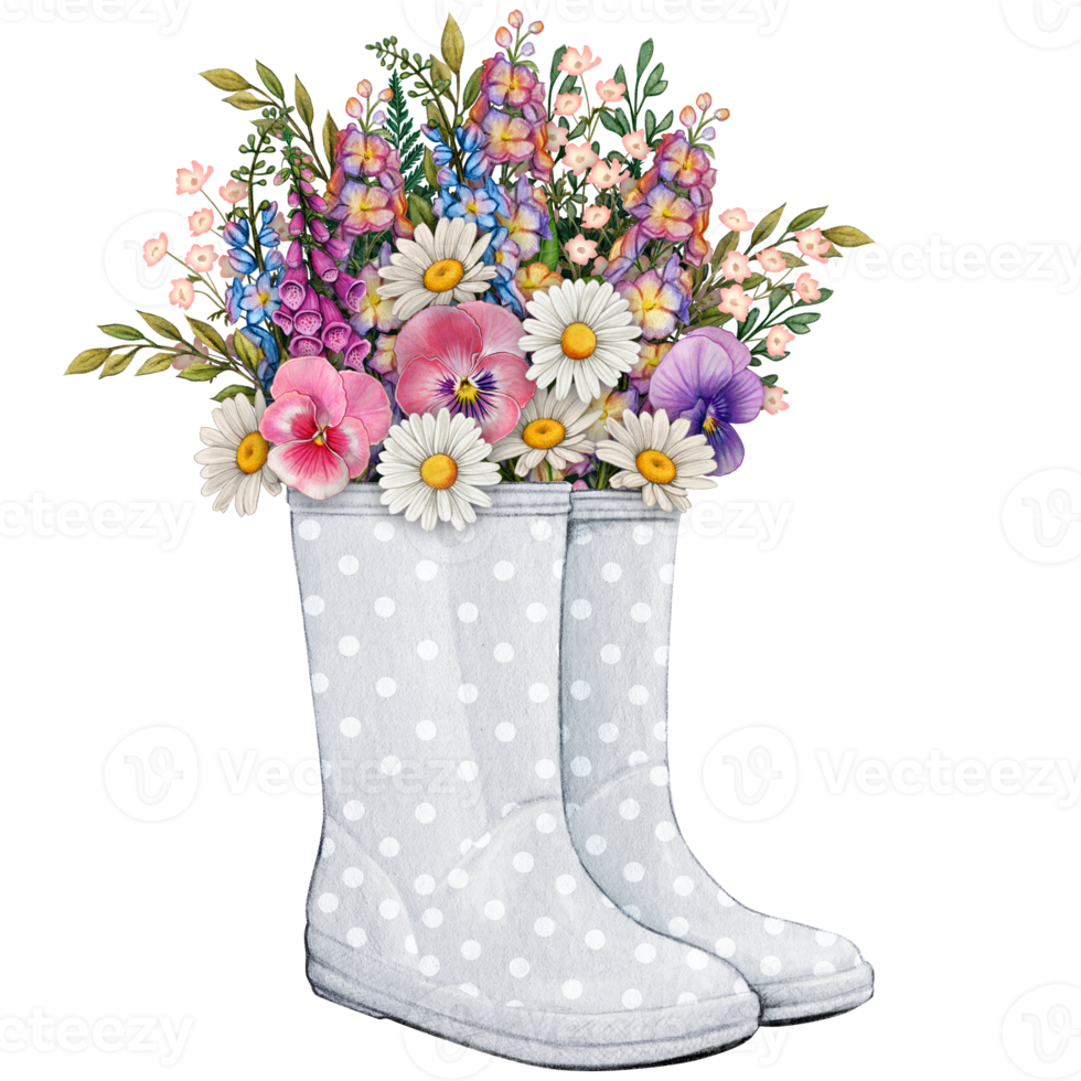 acuarela caucho botas con floral ramo de flores png