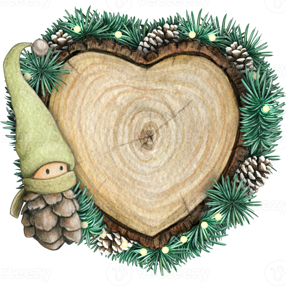 watercolor hand drawn wooden heart slice with elves, pinecones and pine branches png