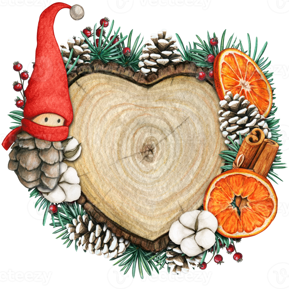 watercolor hand drawn wooden heart slice with elves, pinecones and pine branches png