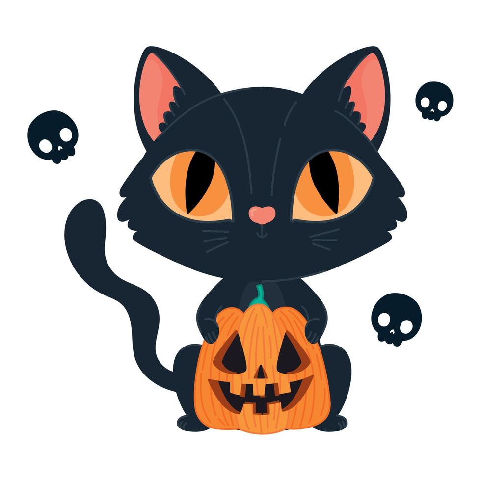 halloween cat holding pumpkin vector