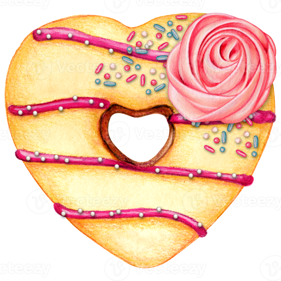 watercolor hand drawn heart shaped donut png