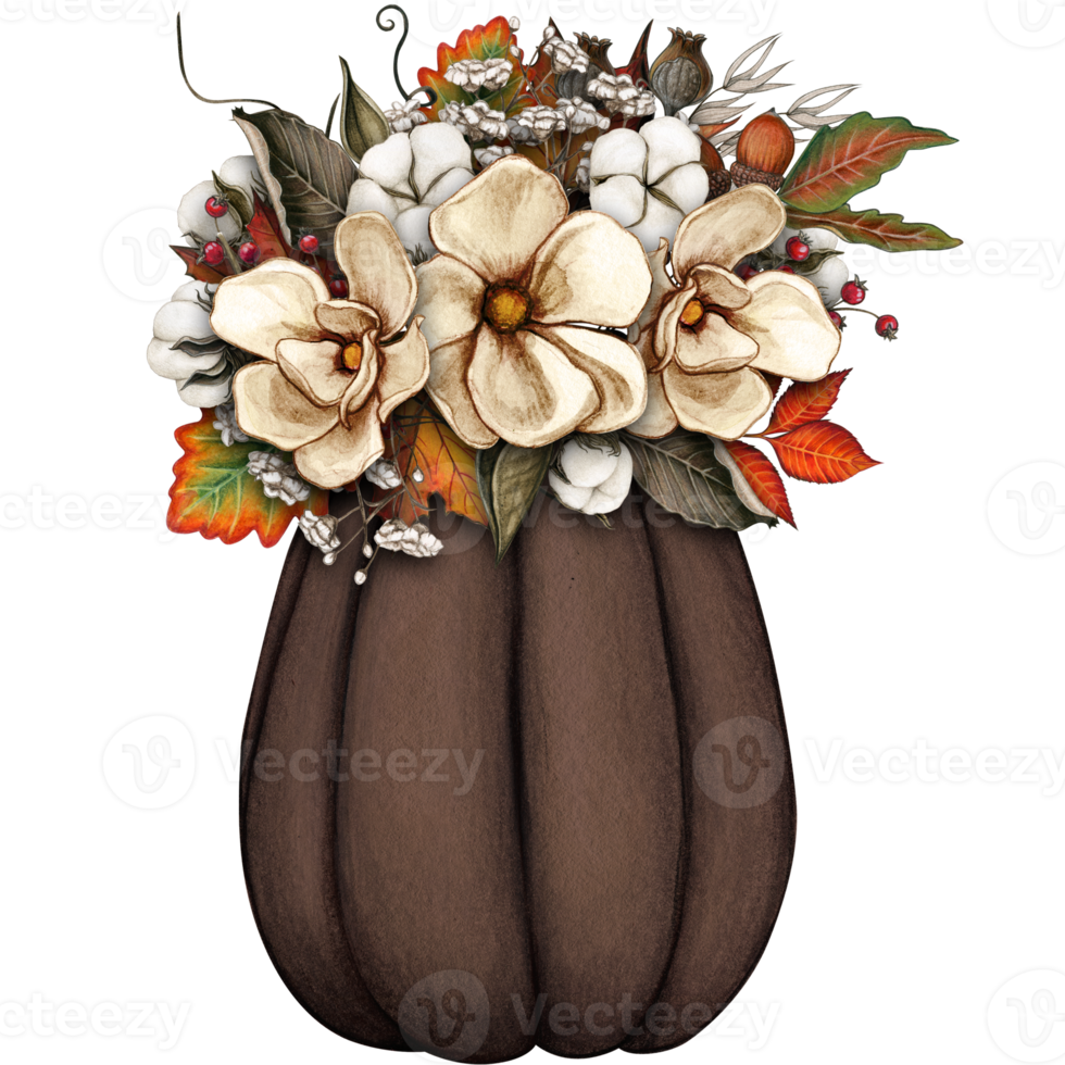 watercolor fall composition with pumpkin, sunflowers, dry herbs png