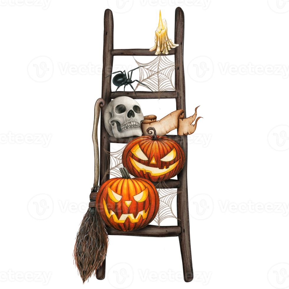 vattenfärg halloween dekorerad stege med ristade lyktor png