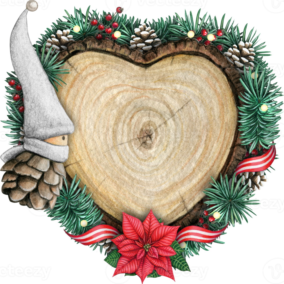 watercolor hand drawn wooden heart slice with elves, pinecones and pine branches png
