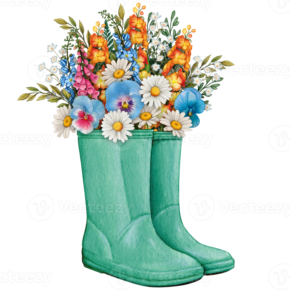 acuarela caucho botas con floral ramo de flores png