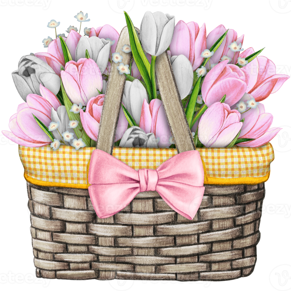 watercolor basket with floral bouquet png