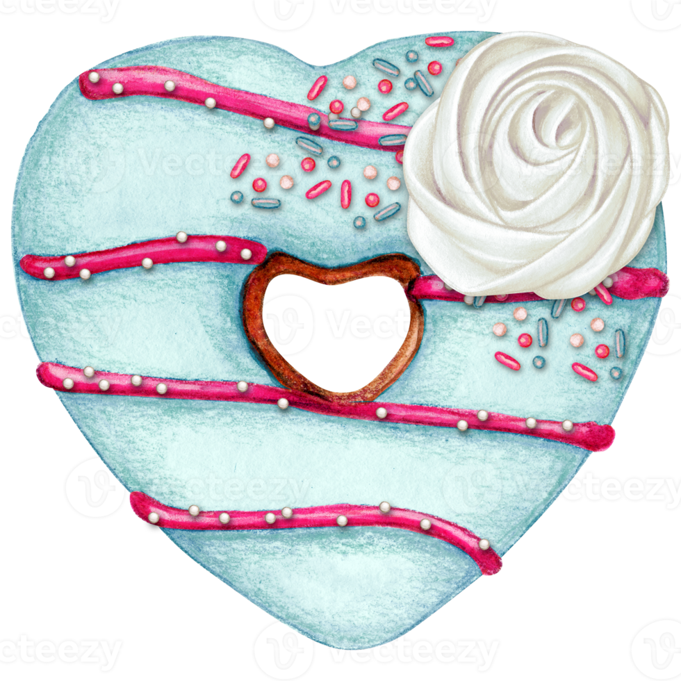 watercolor hand drawn heart shaped donut png