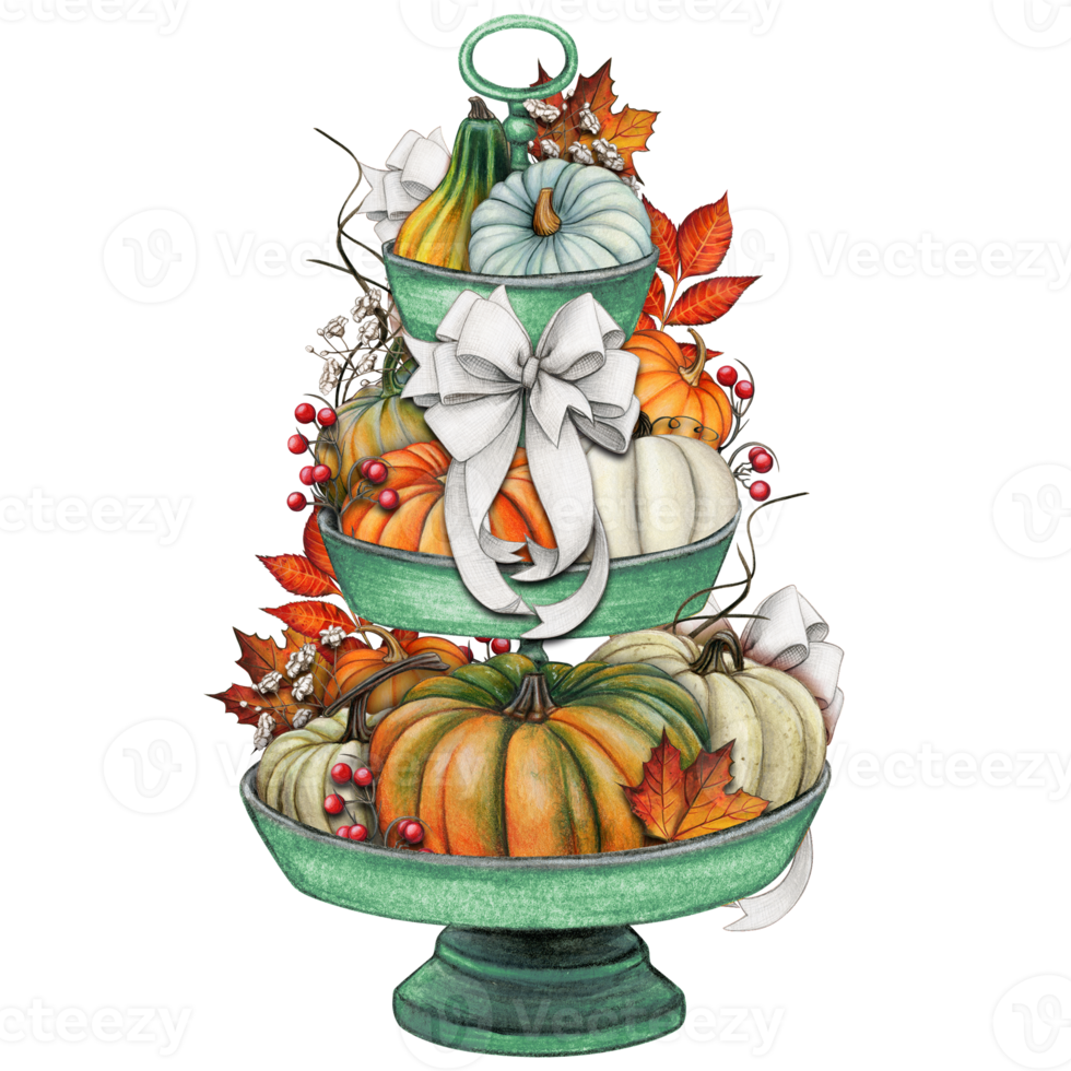 Watercolor hand drawn fall decorated tiered tray png