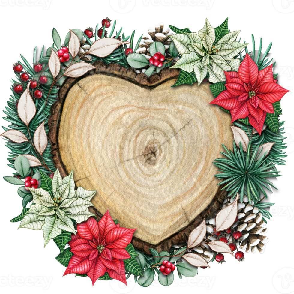 watercolor hand drawn wooden heart slice with elves, pinecones and pine branches png