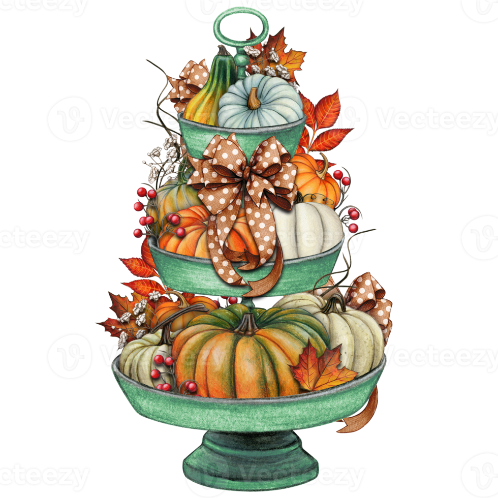 Watercolor hand drawn fall decorated tiered tray png