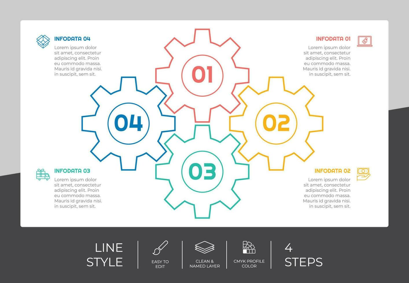 Gear infographic vector design with 4 steps colorful style for presentation purpose.Line option infographic can be used for business and marketing