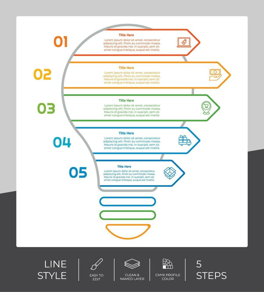 Workflow bulb infographic vector design with 5 steps and line design. Step infographic can be used for presentation, annual report, business purpose.