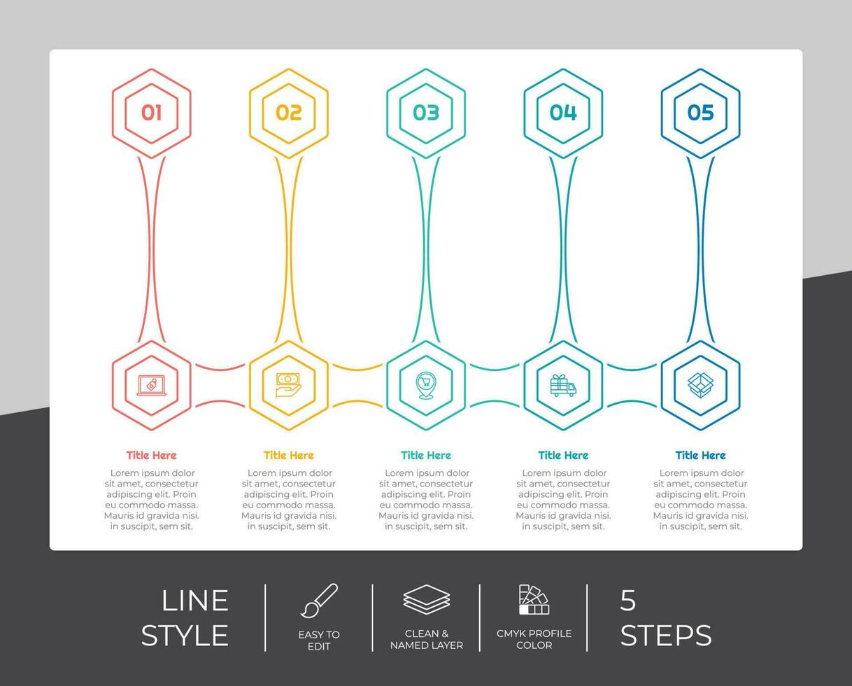 Line step infographic vector design with 5 steps colorful style for presentation purpose.Hexagon step infographic can be used for business and marketing