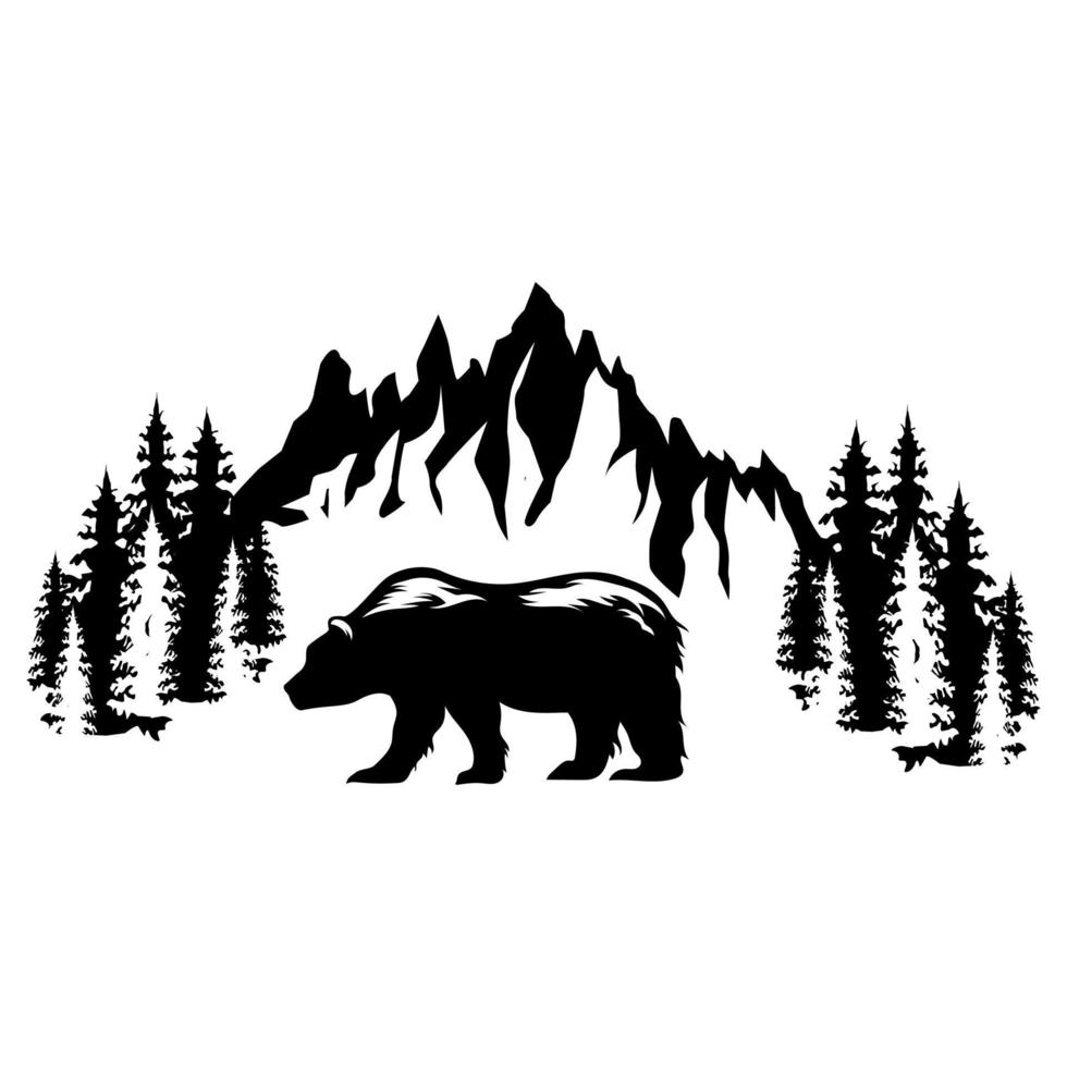 Mountains and bear icon vector. hike, travel illustration sign. wild life symbol. vector