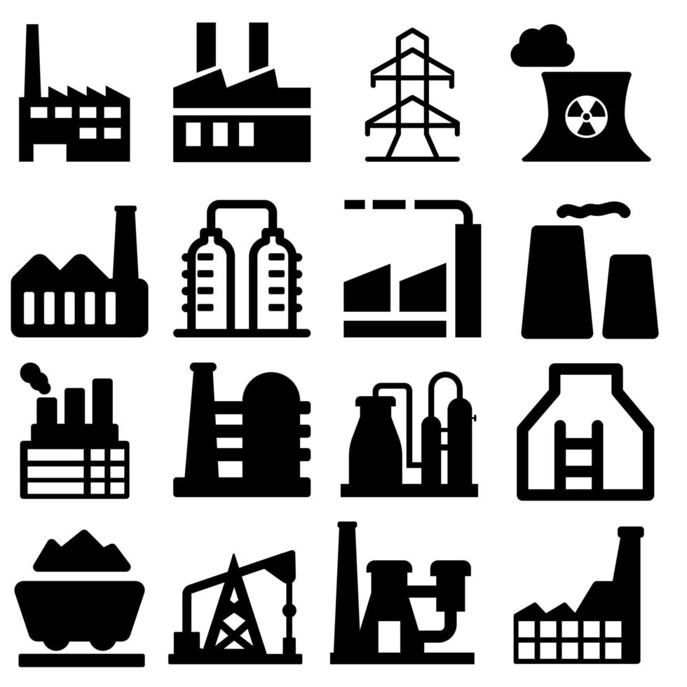 Industrial factories vector icons set. Factory icon illustration. Industry power, chemical manufacturing building warehouse nuclear energy plant.