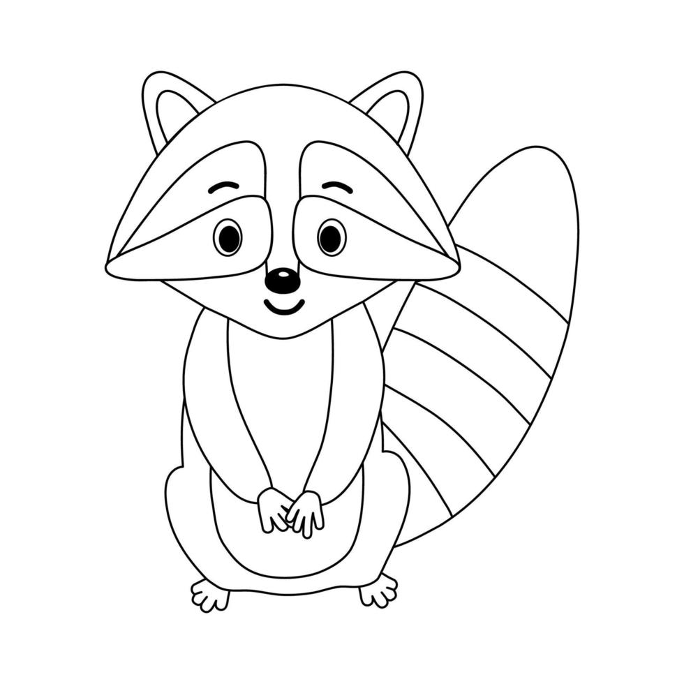 Funny cute raccoon. Vector outline illustration of small raccoon character isolated on white for coloring page