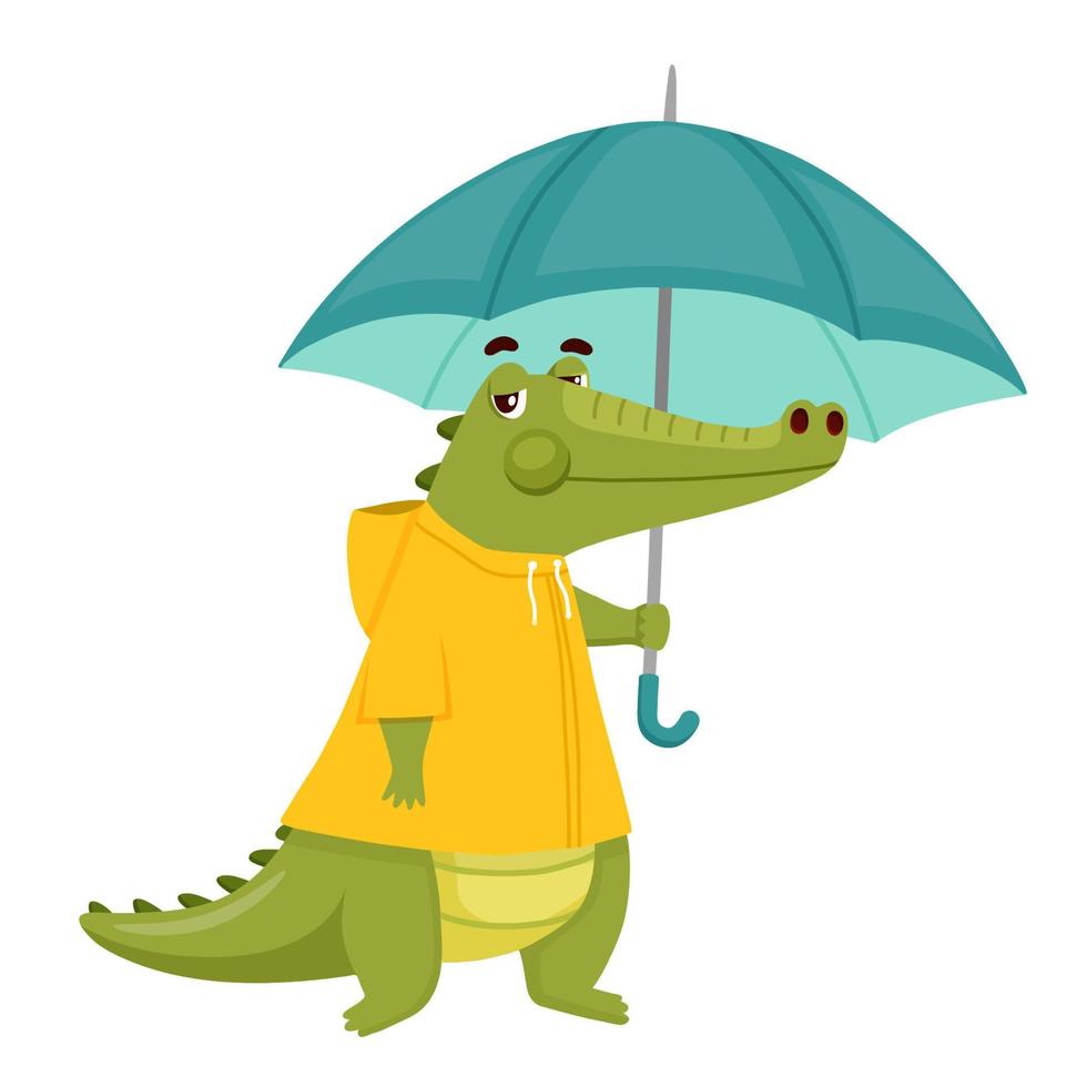 Funny crocodile in yellow raincoat holds umbrella. Vector animal character for birthday card isolated on white background