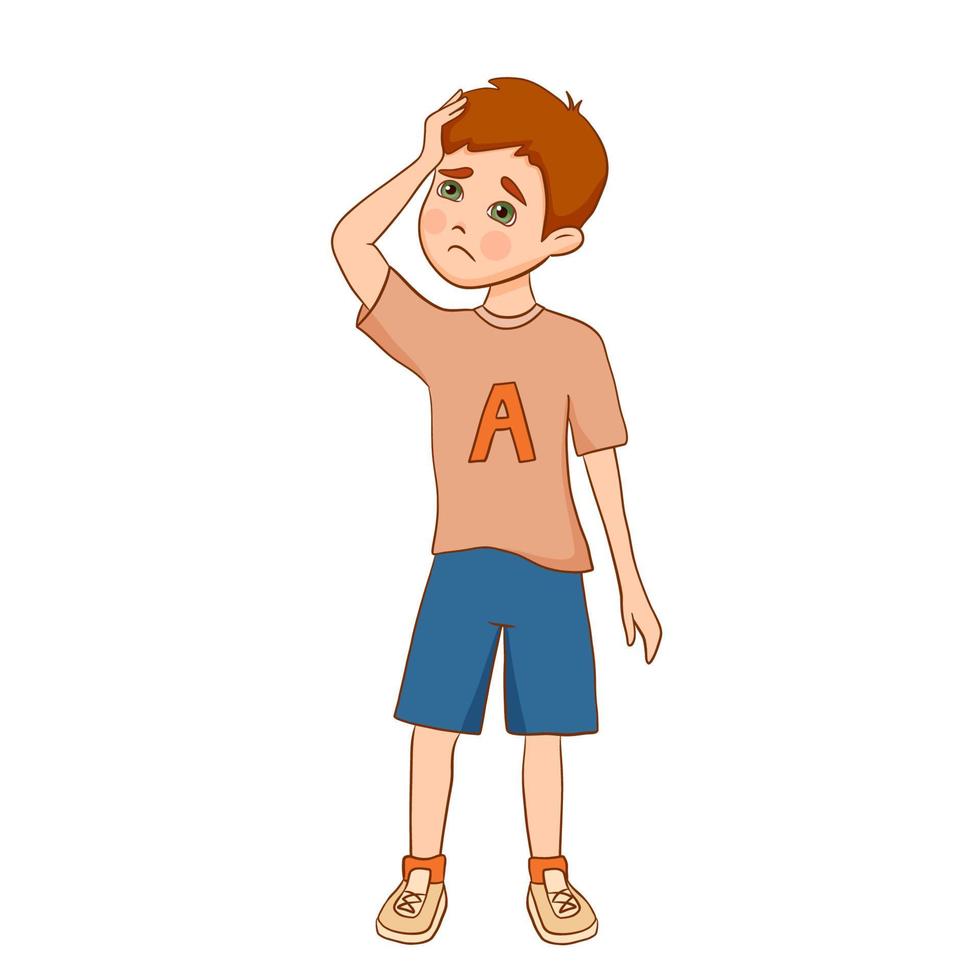 Sad schoolboy. Children problems at school. Boy Standing with Sadness on His Face vector