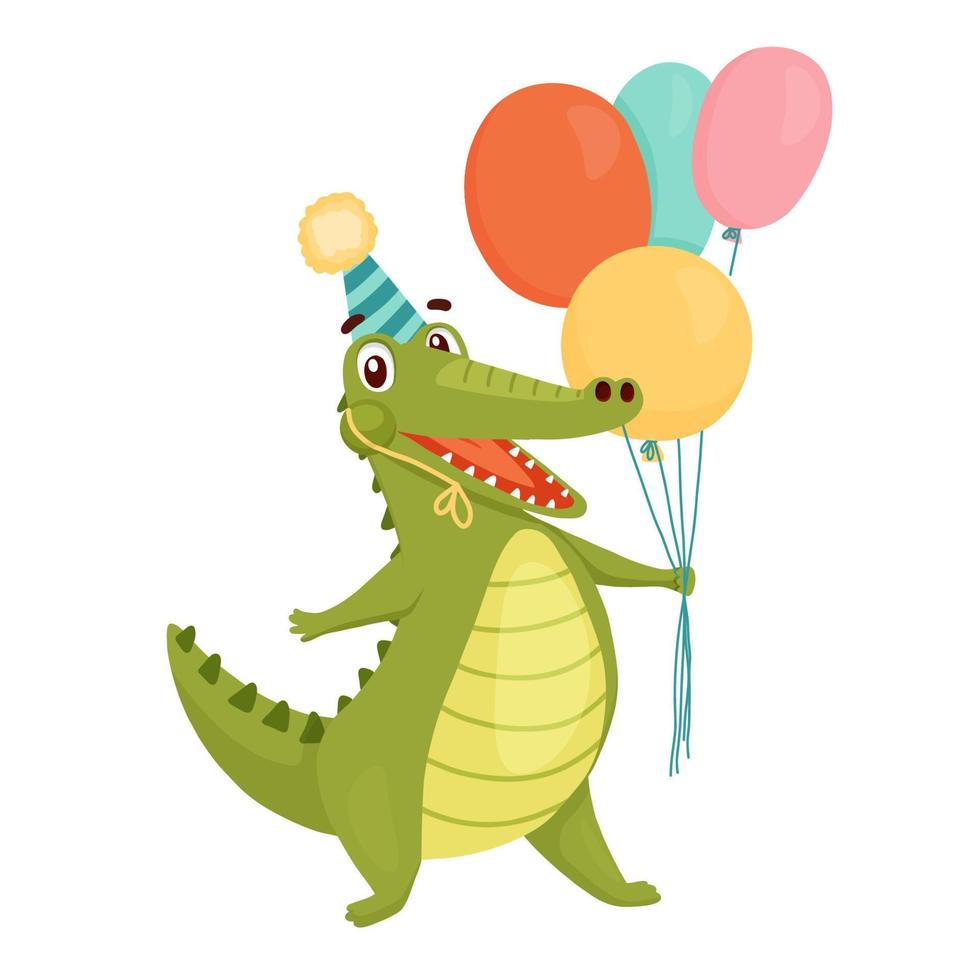 Funny crocodile in cap holds balloons and laughs. Vector animal character for birthday card isolated on white background