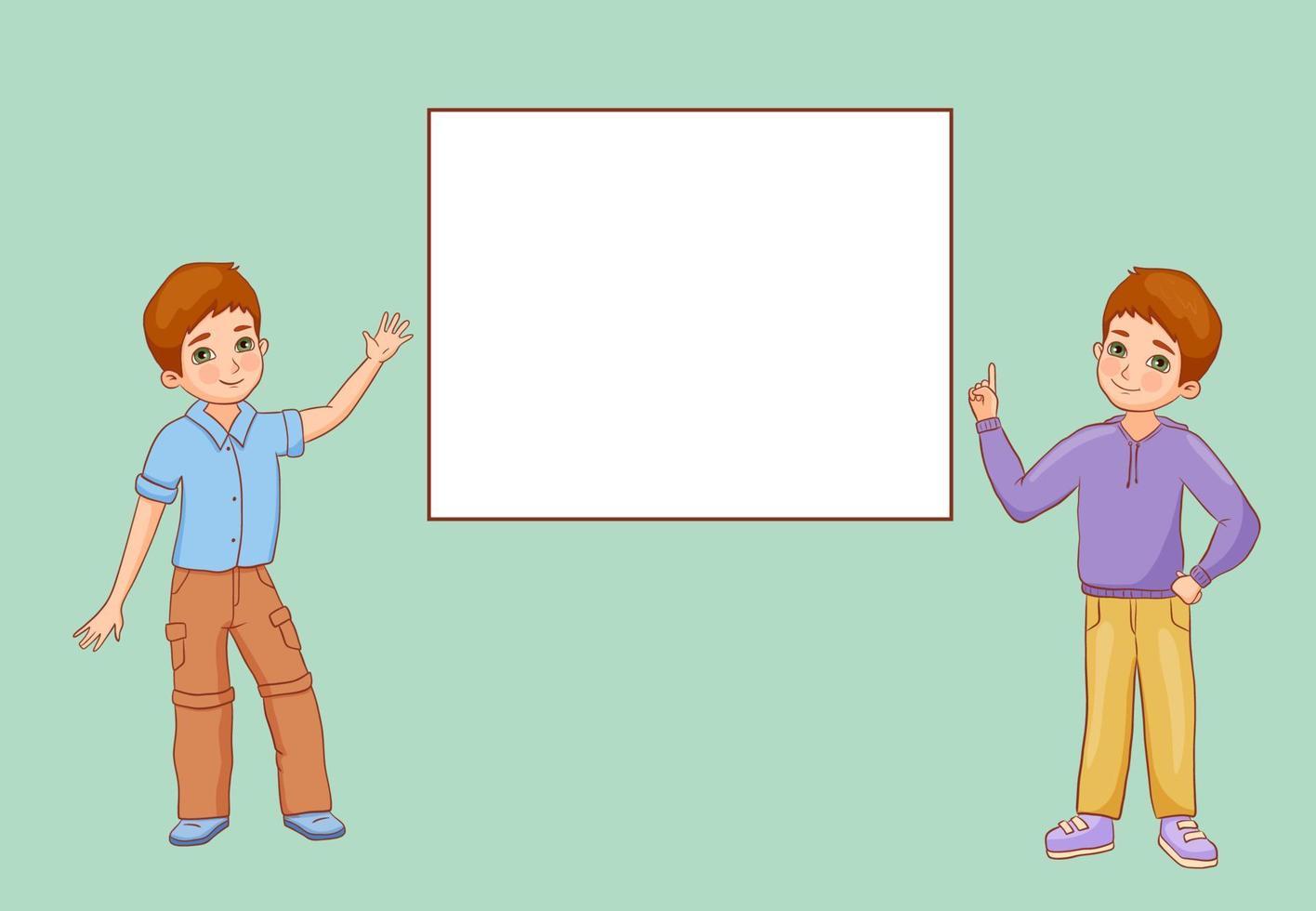 Little boys standing about blank board pointing finger and waving hand. Happy Kids with empty banner. Vector flat illustration