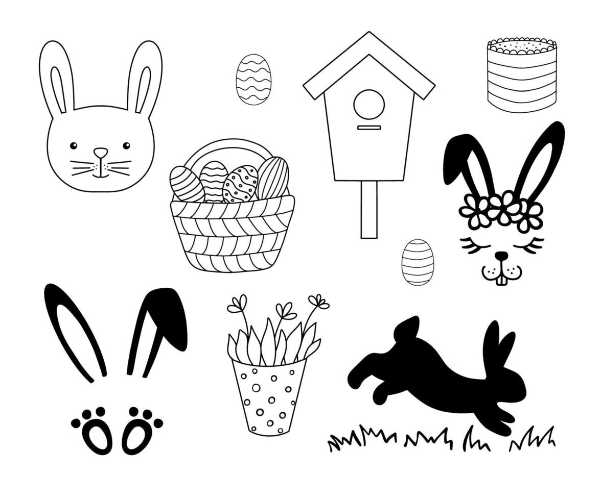 Easter vector design set with bunny face and birdhouse. Rabbit silhouette isolated on white