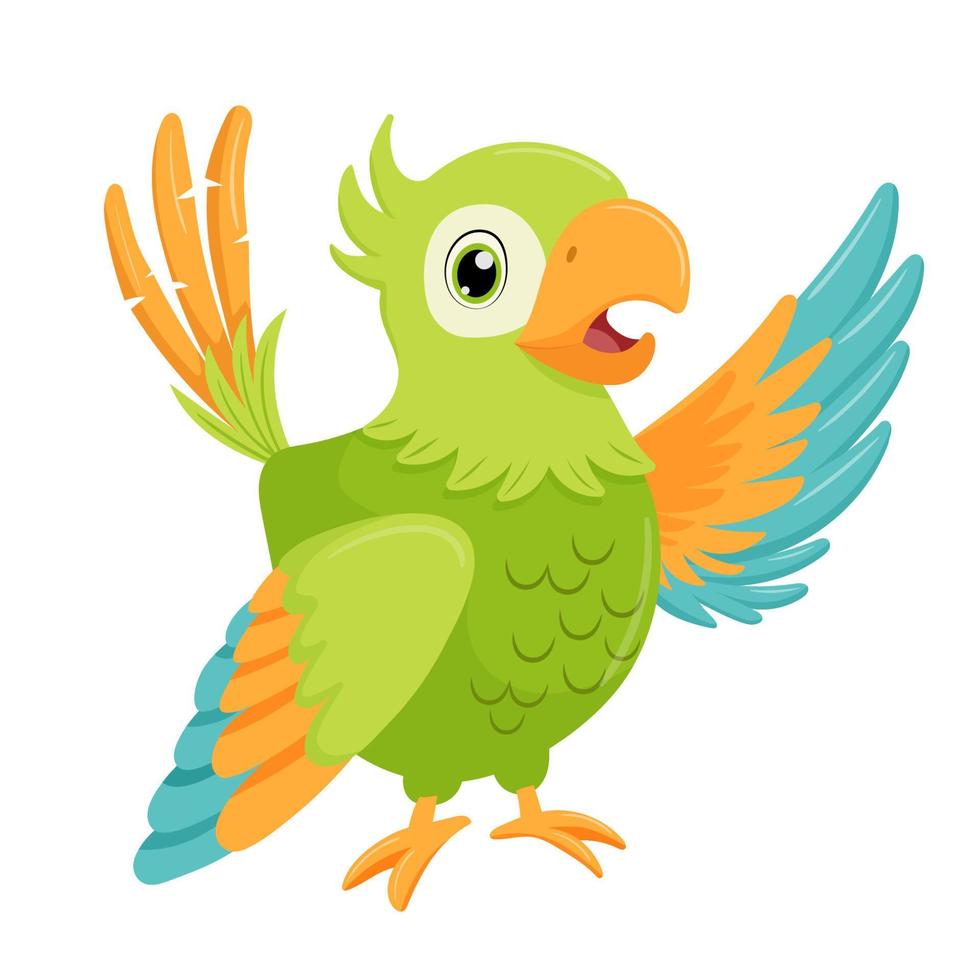 Green parrot bird standing and wave wing. Flat cartoon character ...