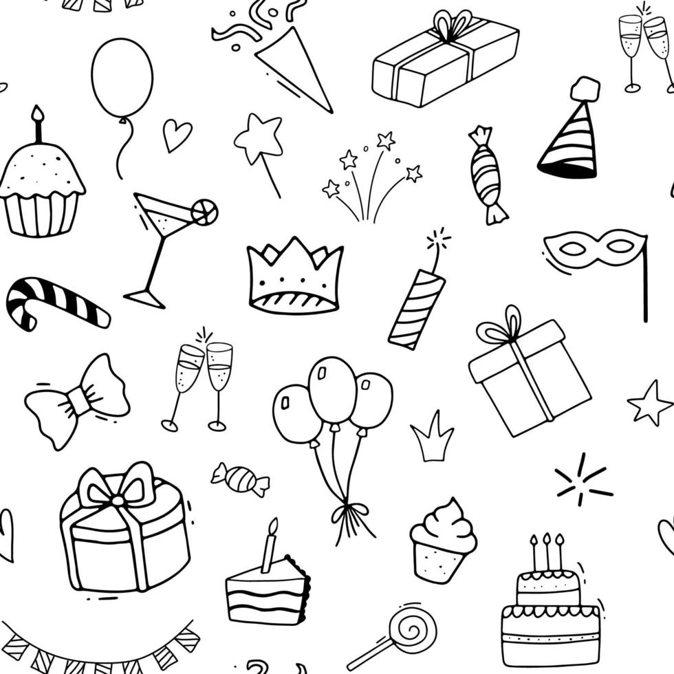 Celebration clipart. Party time doodle seamless pattern. Hand drawn line icons for New Year or Birthday vector