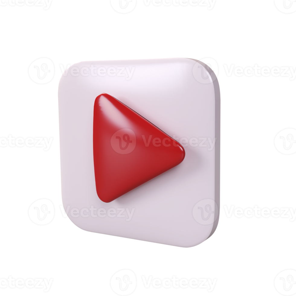 3D icon render social media red play video. Button for start multimedia player concept of video online translation, audio playback multimedia player illustration png