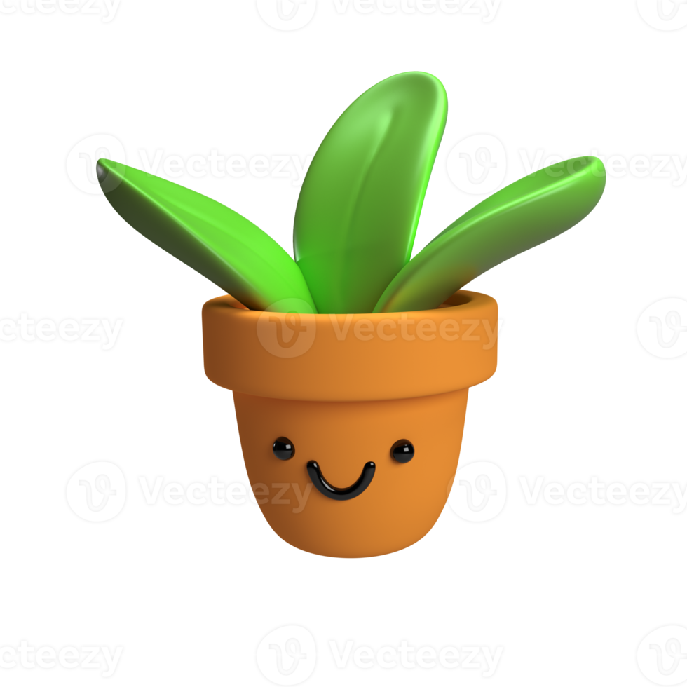 Flower, plant with leaves in pot. Gardening concept. 3d icon render flowerpot isolated. Cartoon minimal style png