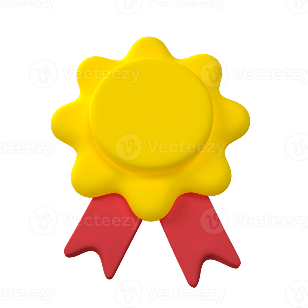 recompensa vencedora amarelo medalha e vermelho fitas. 3d ilustração ícone render isolado. desenho animado mínimo estilo. Prêmio qualidade, qualidade garantia símbolo png