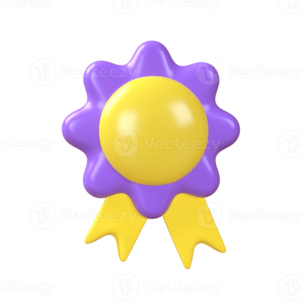 3d winner purple medal and yellow ribbons reward. Illustration icon render isolated transparent png. Cartoon minimal style. Premium quality, quality guarantee symbol png