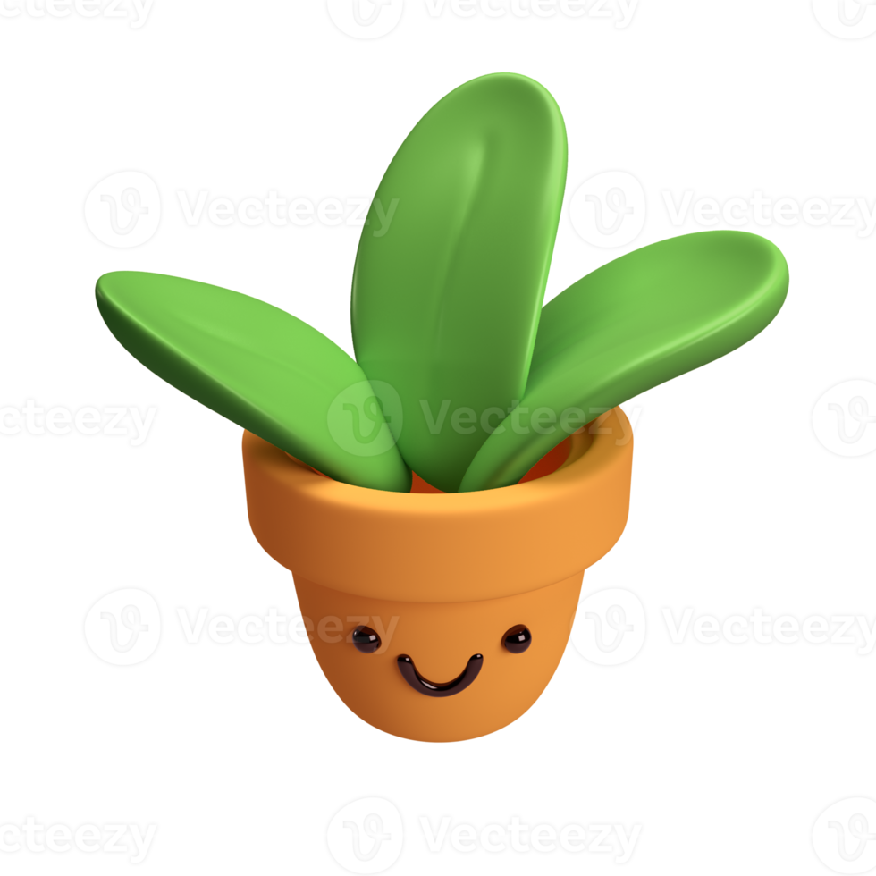 plant with green leaves in pot. Gardening Flower concept. 3d icon render flowerpot isolated transparent png. Cartoon minimal style png