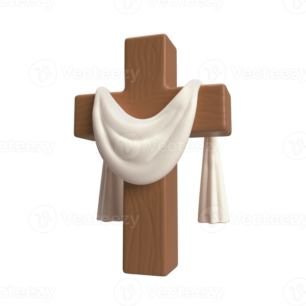 3d icône Christian en bois traverser avec blanc chiffon, symbole de le résurrection de Jésus Christ, Pâques signe isolé transparent png