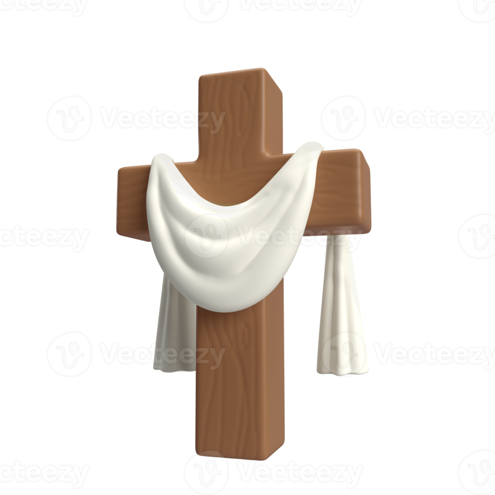 3d icon Wooden Cross with white cloth textile, symbol of the resurrection of Jesus Christ. He is risen. Easter resurrection illustration. Scripture. isolated transparent png