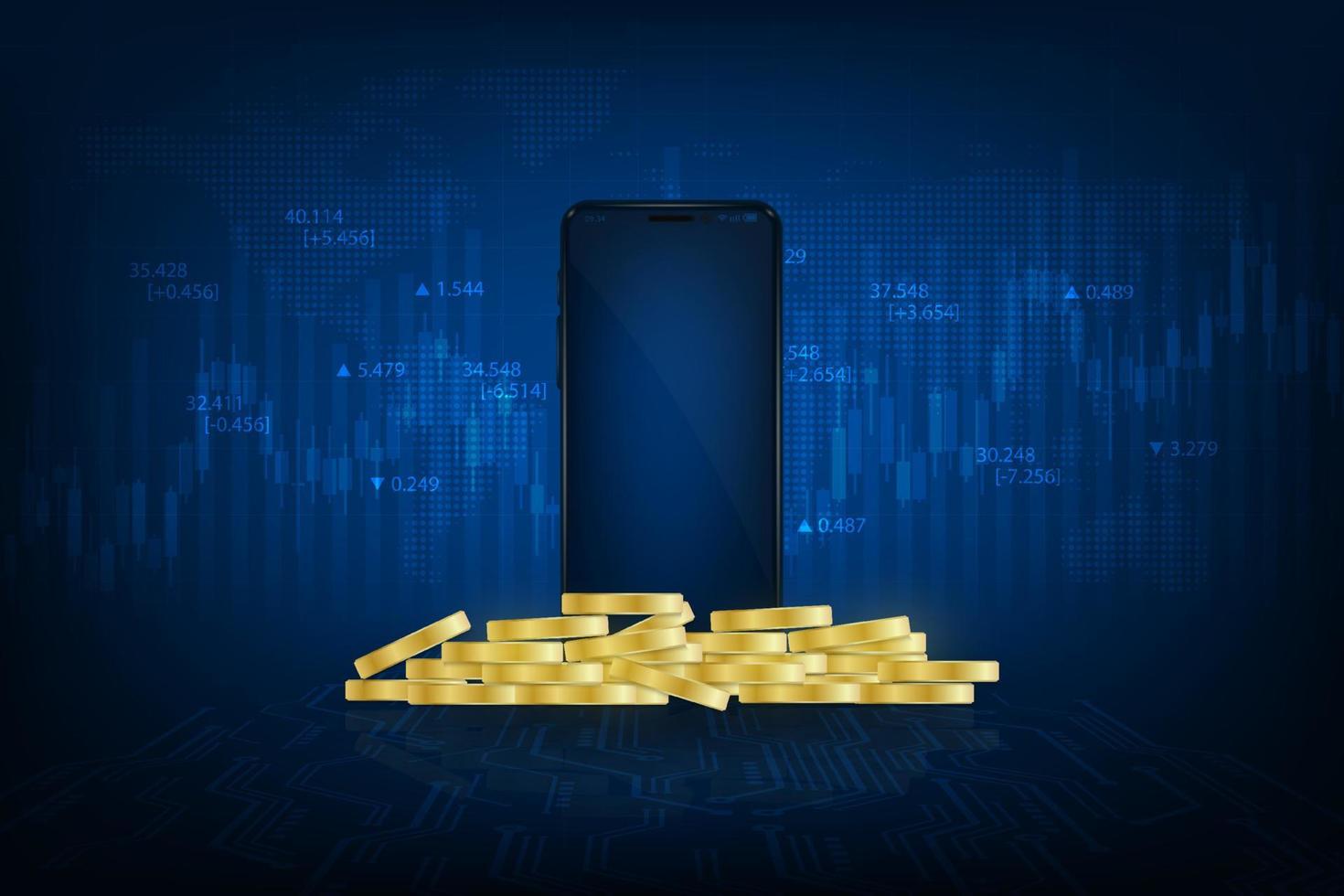 Vector financial in futuristic business technology investment. Crypto currency stock exchange trade application concept.