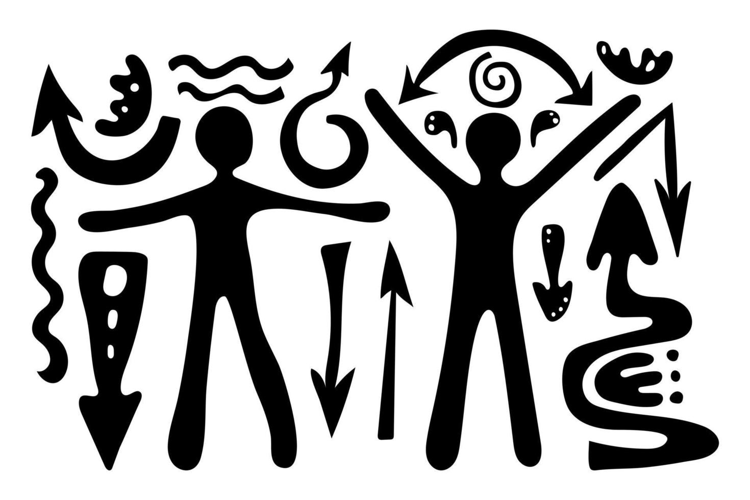 primitivo étnico petroglifos grande conjunto dibujo de persona, humano cifra, flechas, líneas, espirales antiguo tribu, Roca edad. diseño elemento para textiles, papel, telas, tarjeta postal. vector ilustración
