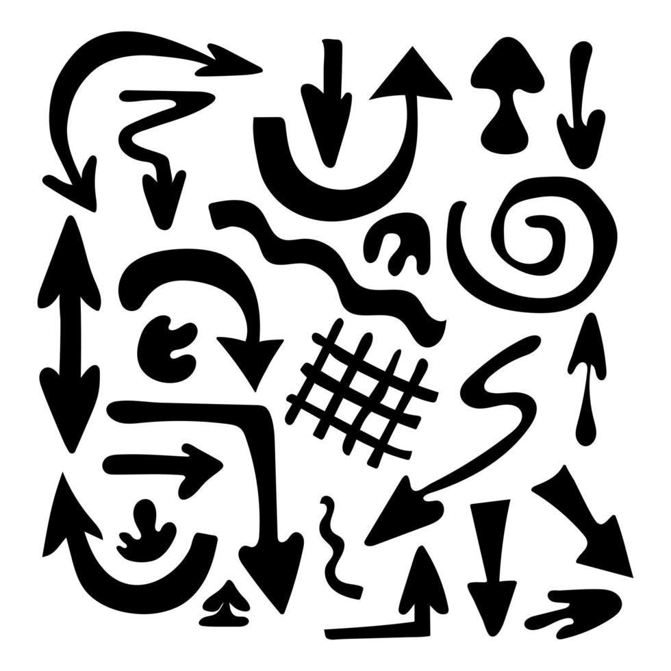 Set primitive ethnic ornaments, petroglyphs. Big set arrows, lines, spirals. Patterns, drawings of ancient tribe, Stone Age. Design element for textiles, paper, fabrics, postcard. Vector illustration