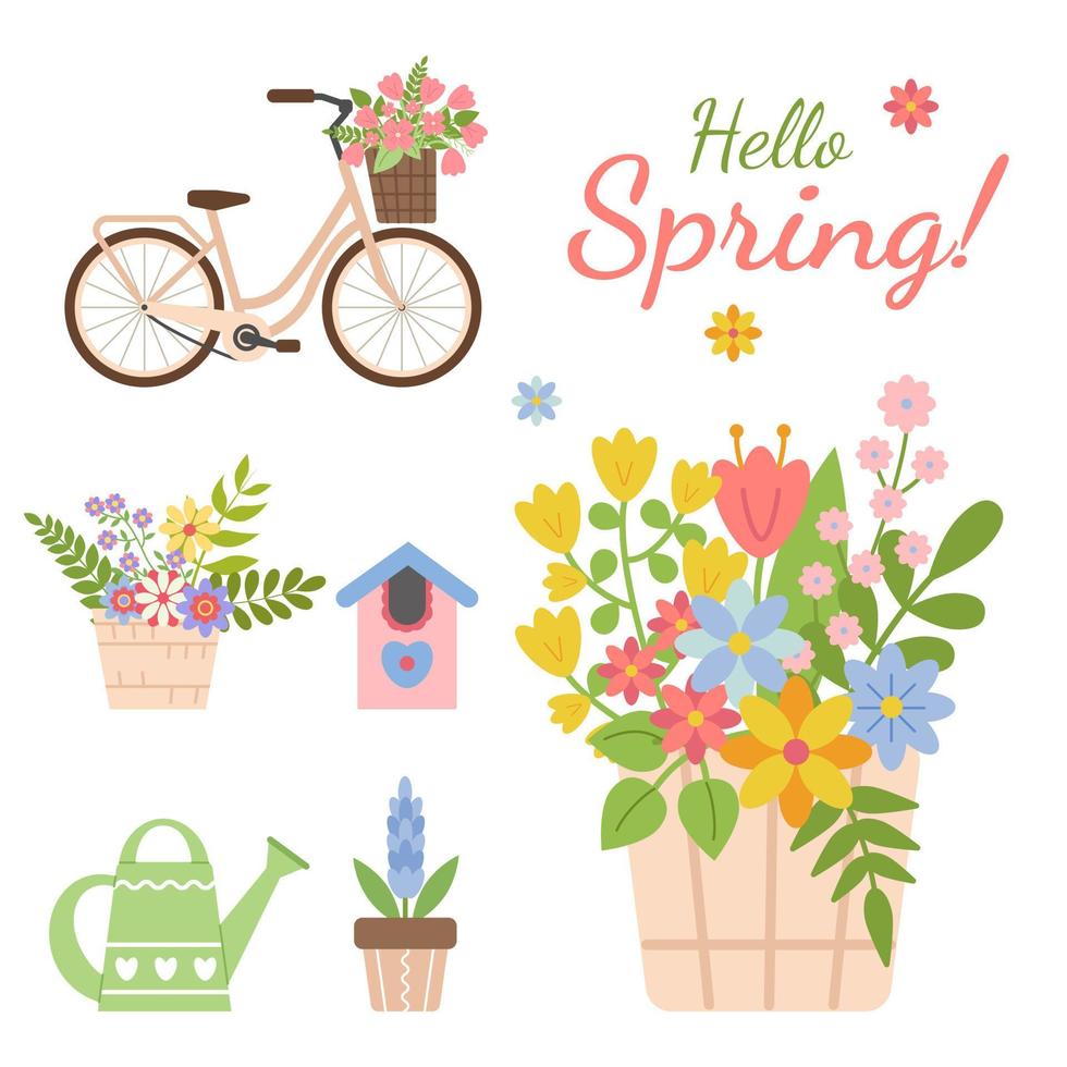 Cute spring greeting card with lettering. Bicycle with basket of flowers, birdhouse, watering can, bouquet of flowers. Hand drawn flat cartoon elements. Vector illustration
