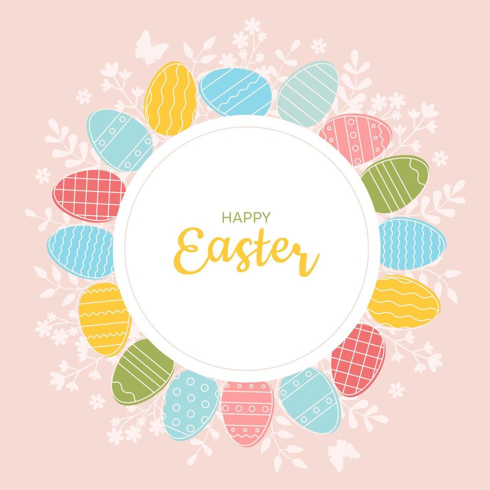 Frame, border of bright Easter eggs and spring flowers.  Template, layout for postcards, greeting cards, invitations, banners vector