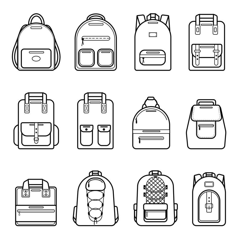 Big set icons of backpacks, isolated on white background. Black and white simple accessory icons. Sports, tourist and women's backpacks of various shapes. Vector illustration