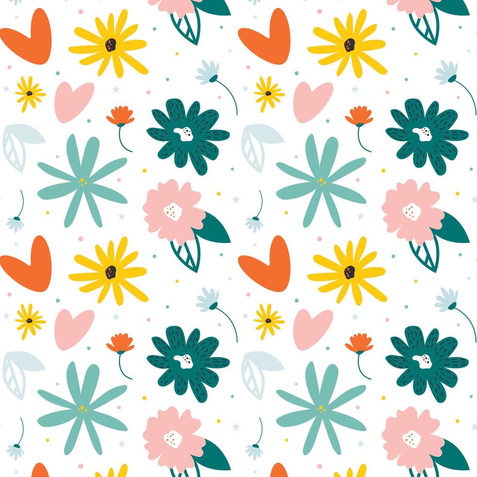 sin costura modelo de hermosa flores, hojas. primavera pequeño vistoso flores dispersado en blanco antecedentes. jardín flor, plantas, botánico diseño para telas, impresión. vector ilustración