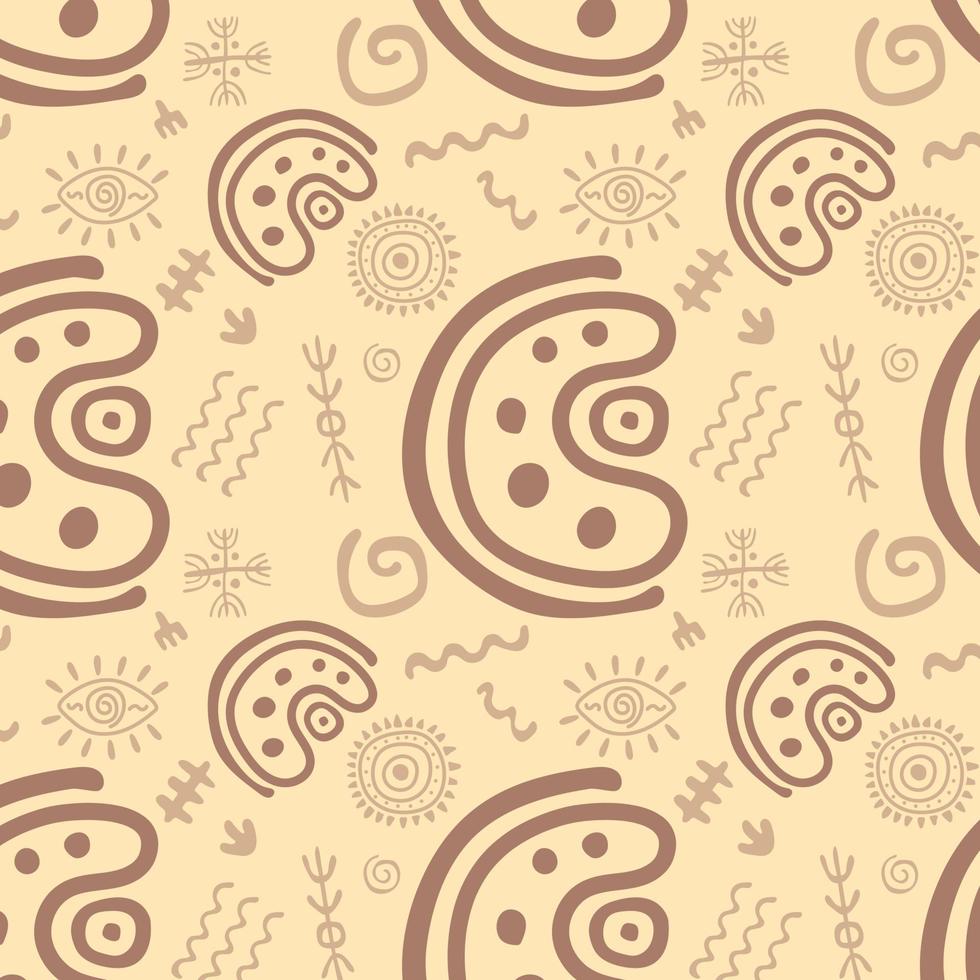 sin costura modelo primitivo étnico ornamento, petroglifos antiguo patrones, simbolos espiral dibujos de un antiguo tribu, Roca edad. diseño elemento para textiles, papel, telas vector ilustración